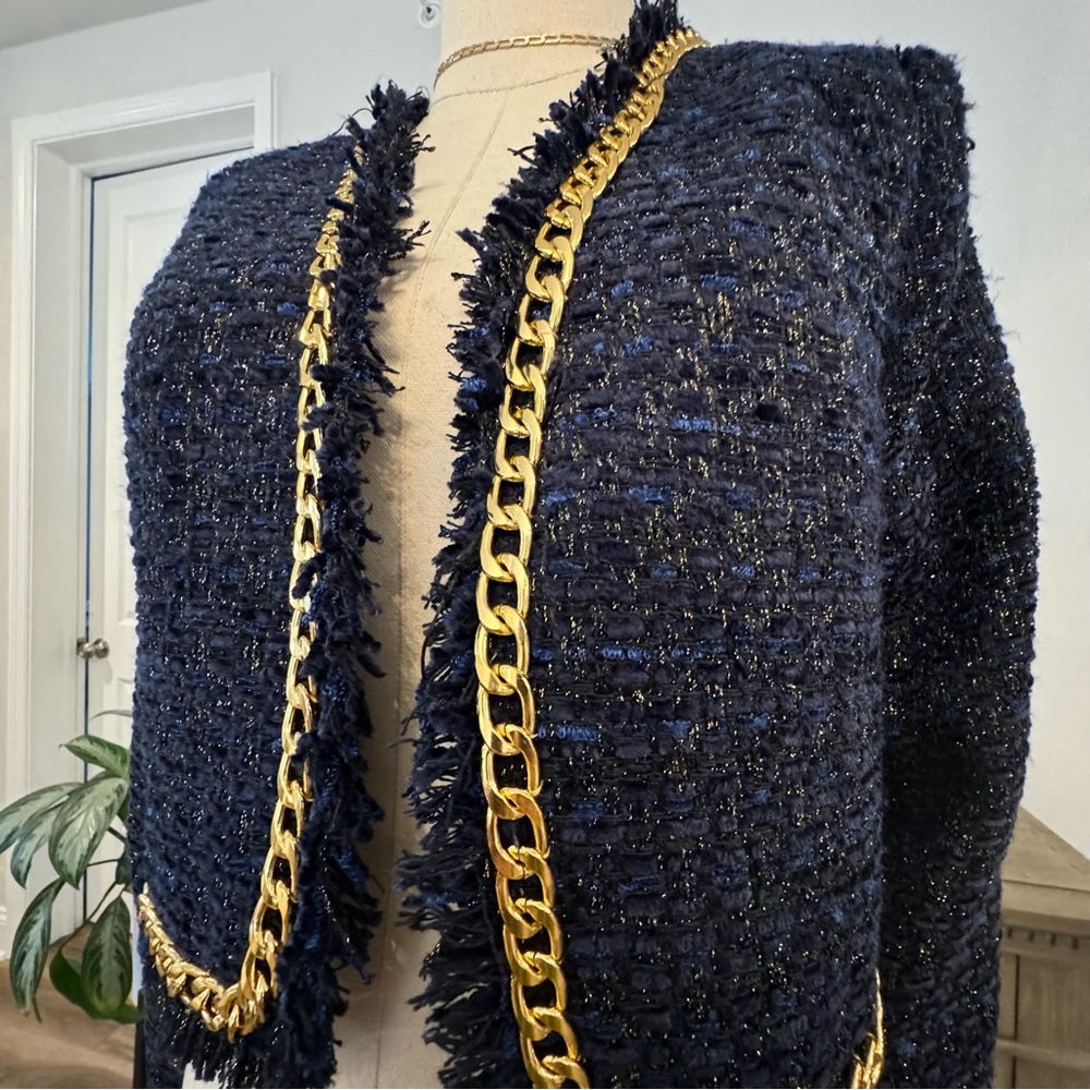 NWOT Christian Lacroix Navy and Gold Metallic Tweed Cropped Blazer | Small - Picture 6 of 13
